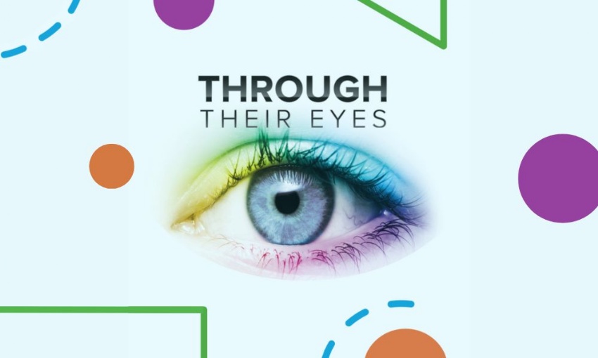 Image shows an eye with colours added to the upper and lower lids, colourful shapes around it and the title Through their eyes